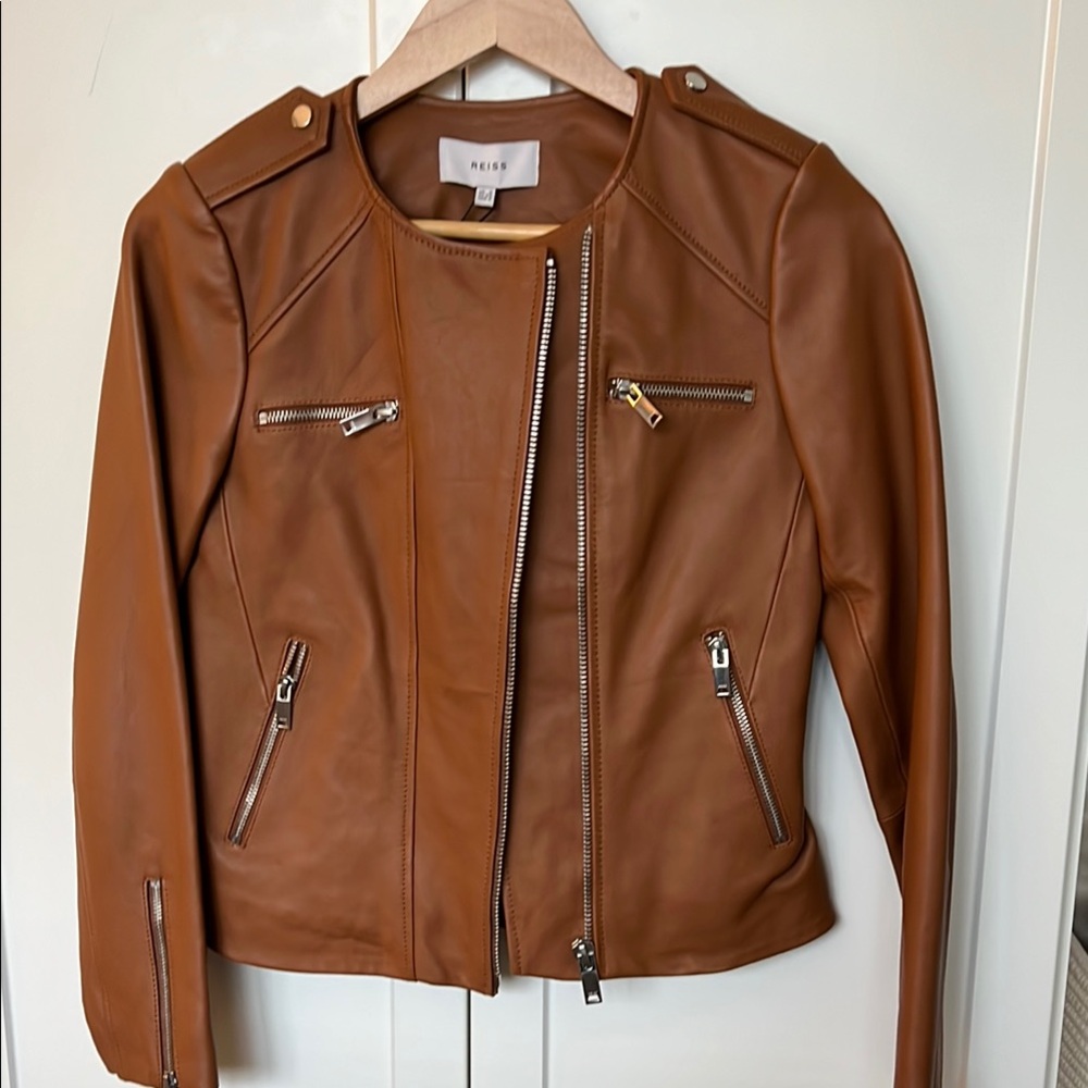 Reiss Tan Leather Moto Jacket with Band Collar